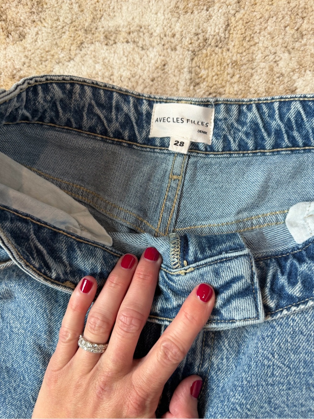 Avec Les Filles Light Blue Wide-Leg Denim Jeans with Red Heart Embroidery - Picture 6 of 7